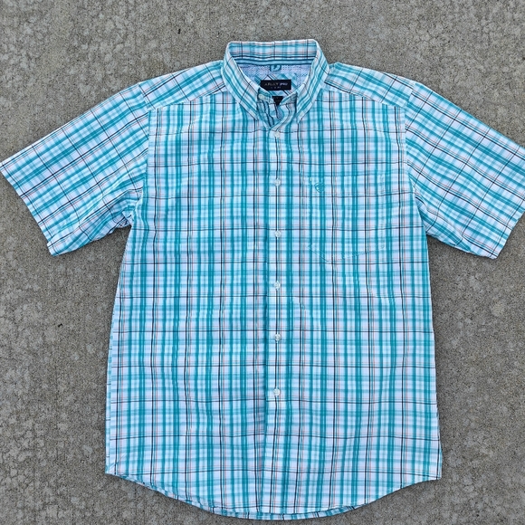 Ariat Men's Pro Shirt Blue White Plaid Medium Cowboy Button Down Short Sleeve - Picture 2 of 9